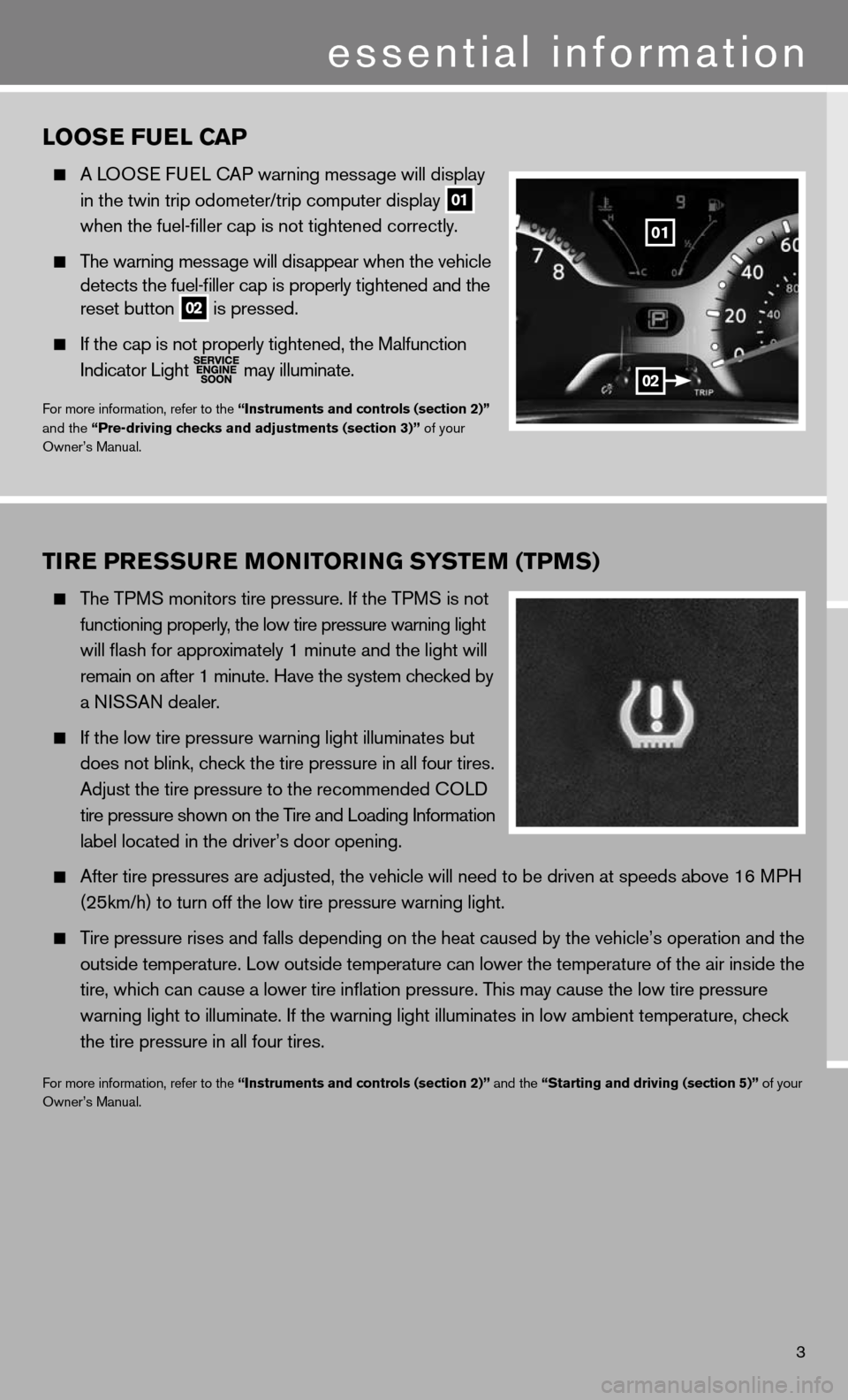 NISSAN CUBE 2011 3.G Quick Reference Guide 3
essential information
LOOSe Fue L CaP
  A LOOS e fue L cAP warning message will display 
    in the twin trip odometer/trip computer display
 
01 
   when the fuel-filler cap is not tightened correc