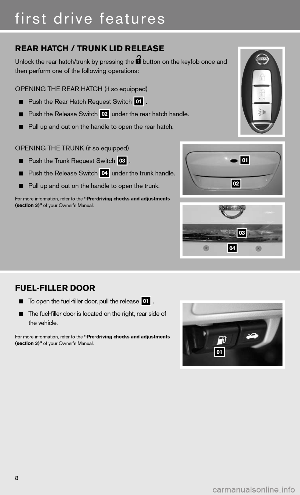 NISSAN VERSA HATCHBACK 2011 1.G Quick Reference Guide rear HaTcH / Tru NK liD releaS e
unlock the rear hatch/trunk by pressing the  button on the keyfob once and 
then perform one of the following operations:  
OP enin G THe ReAR HAT cH (if so equipped) 
