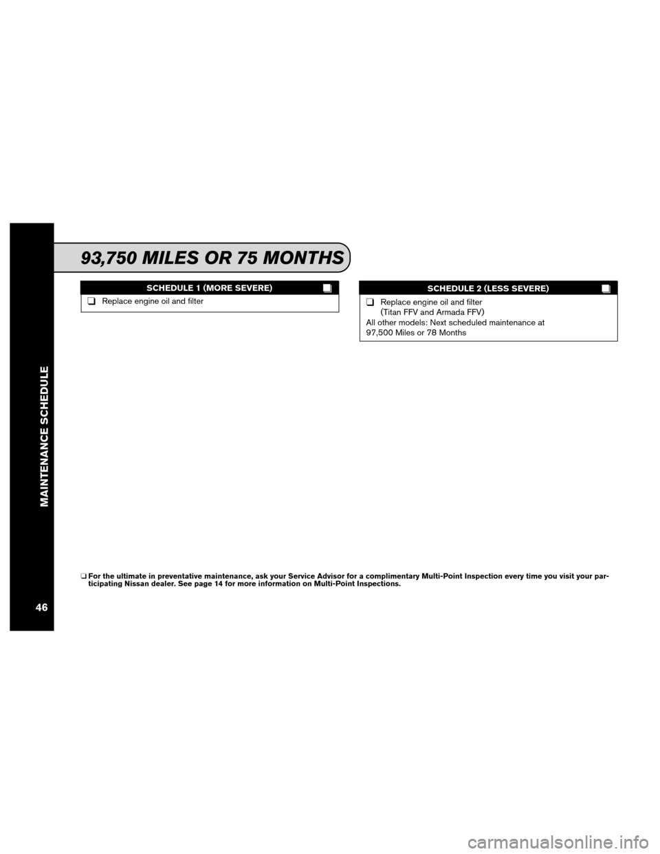 NISSAN XTERRA 2012 N50 / 2.G Service And Maintenance Guide SCHEDULE 1 (MORE SEVERE)
❑Replace engine oil and filterSCHEDULE 2 (LESS SEVERE)❑Replace engine oil and filter
(Titan FFV and Armada FFV)
All other models: Next scheduled maintenance at
97,500 Mile