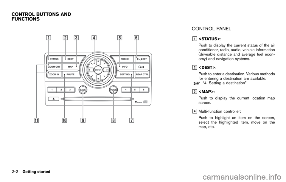 NISSAN PATHFINDER 2012 R52 / 4.G 06IT Navigation Manual CONTROL PANEL
&1<STATUS>:
Push to display the current status of the air
conditioner, radio, audio, vehicle information
(driveable distance and average fuel econ-
omy) and navigation systems.
&2<DEST> 