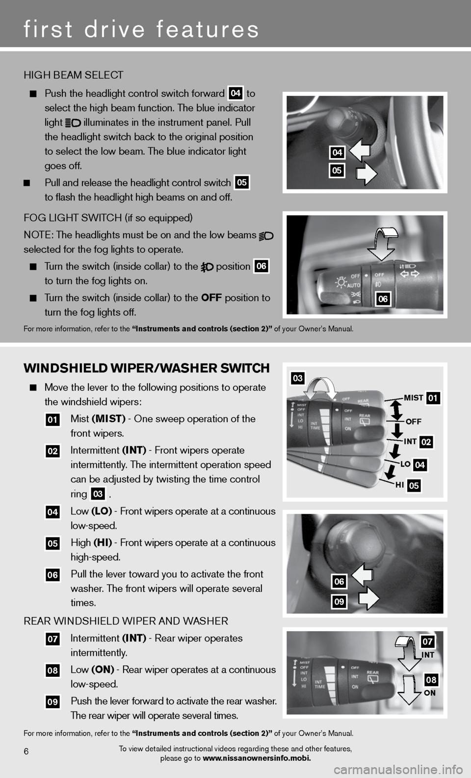 NISSAN ARMADA 2012 1.G Quick Reference Guide WinDshiEl D WiPEr/W ashEr sW itCh
   Move the lever to the following positions to operate 
    the windshield wipers:   
  
01 Mist  (mist) - One sweep operation of the   
     front wipers.  
  
02 i