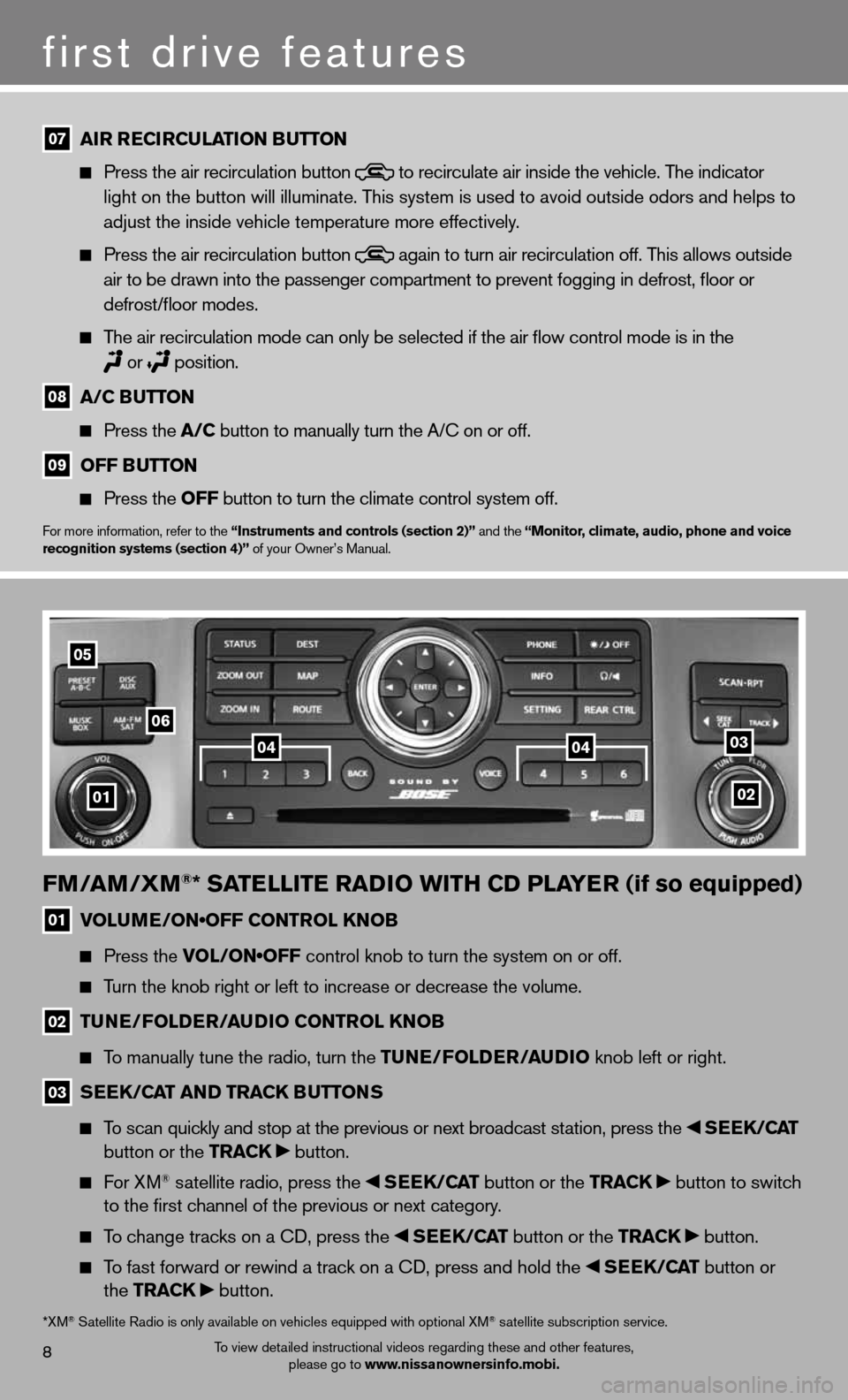 NISSAN ARMADA 2012 1.G Quick Reference Guide fm/am /Xm®* satE llitE raD io With CD PlayE r (if so equipped)
01 VOLUME/ON•OFF CONTROL KNOB
  
  Press the VOL/ON•OFF control knob to turn the system on or off.   
  
  Turn the knob right or le