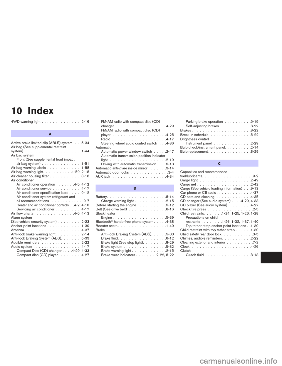 NISSAN XTERRA 2012 N50 / 2.G Owners Manual 10 Index
4WDwarninglight...............2-16A
Active brake limited slip (ABLS) system . . .5-34
Air bag (See supplemental restraint
system) .....................1-44
Air bag system Front (See supplemen