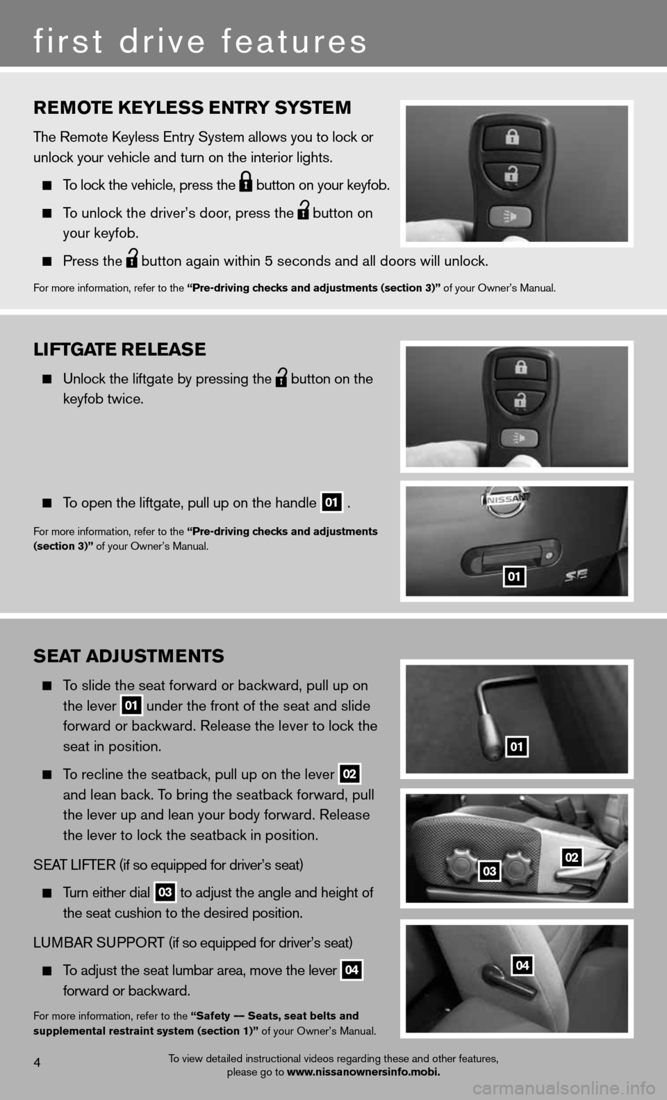 NISSAN XTERRA 2012 N50 / 2.G Quick Reference Guide rEmotE KEylE ss Entry systE m
The Remote keyless entry System allows you to lock or 
unlock your vehicle and turn on the interior lights.  
 
  To lock the vehicle, press the
  button on your keyfob.
