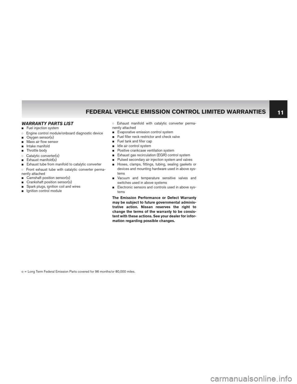 NISSAN XTERRA 2013 N50 / 2.G Warranty Booklet WARRANTY PARTS LISTFuel injection system
Engine control module/onboard diagnostic deviceOxygen sensor(s)Mass air flow sensorIntake manifoldThrottle body
Catalytic converter(s)Exhaust manifold(