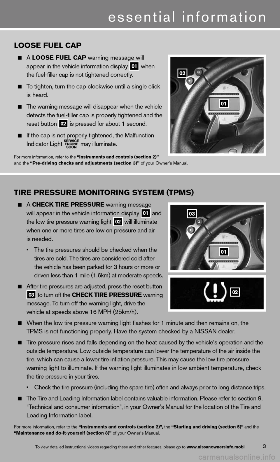 NISSAN 370Z COUPE 2013 Z34 Quick Reference Guide 3
TIRE PRESSURE MONITORING SYSTEM (TPMS)
  A CHECk TIRE PRESSURE warning message 
    will
 appear in \fhe vehic\mle informa\fion disp\mlay 
01 and 
    \fhe low \fire pressu\mre warning ligh\f 02 wil