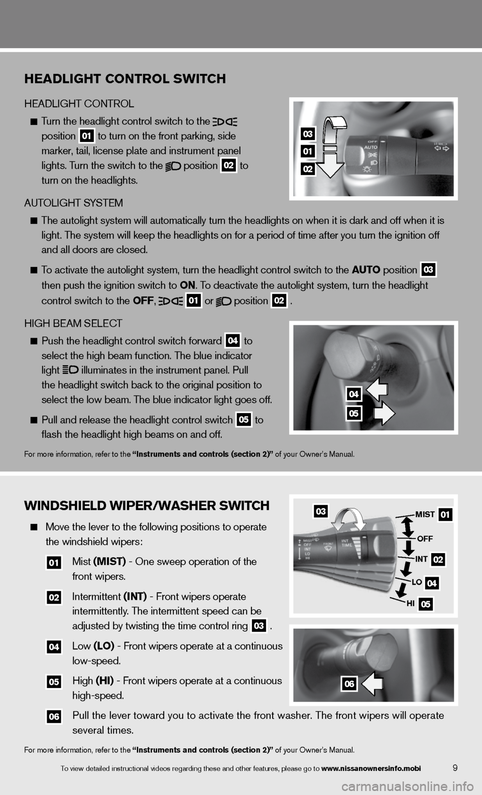 NISSAN 370Z ROADSTER 2013 Z34 Quick Reference Guide WINDSHIE\bD WIPER/W\fSH\FER SWITCH
  Move \fhe lever \fo \fh\me following posi\fio\mns \fo opera\fe 
    \fhe windshield wipe\mrs:   
  
01  Mis\f (MIST) - One sweep opera\m\fion of \fhe   
        fr