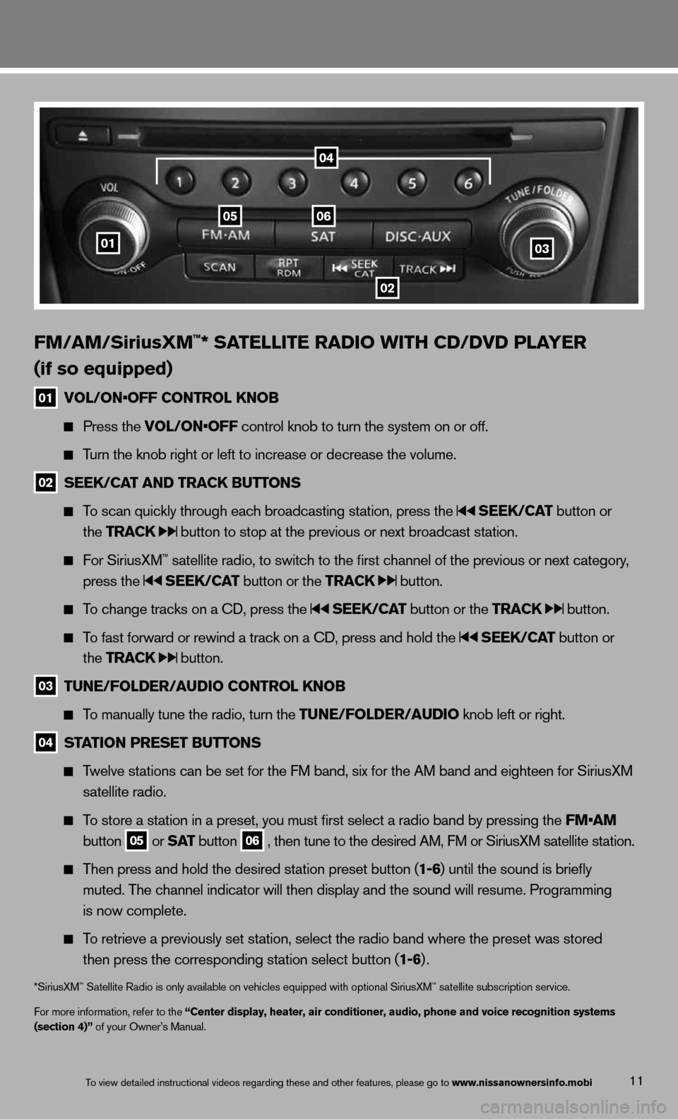 NISSAN 370Z ROADSTER 2013 Z34 Quick Reference Guide 11
FM/\fM/SiriusXM™* S\fTE\b\bITE R\fDIO WITH CD/\FDVD P\b\fYER 
( if so equipped)
01  VO\b/ON•OFF CONTRO\b kNOB
  
  Press \fhe VO\b/ON•OFF con\frol knob \fo \fur\mn \fhe sys\fem on or o\mff.  