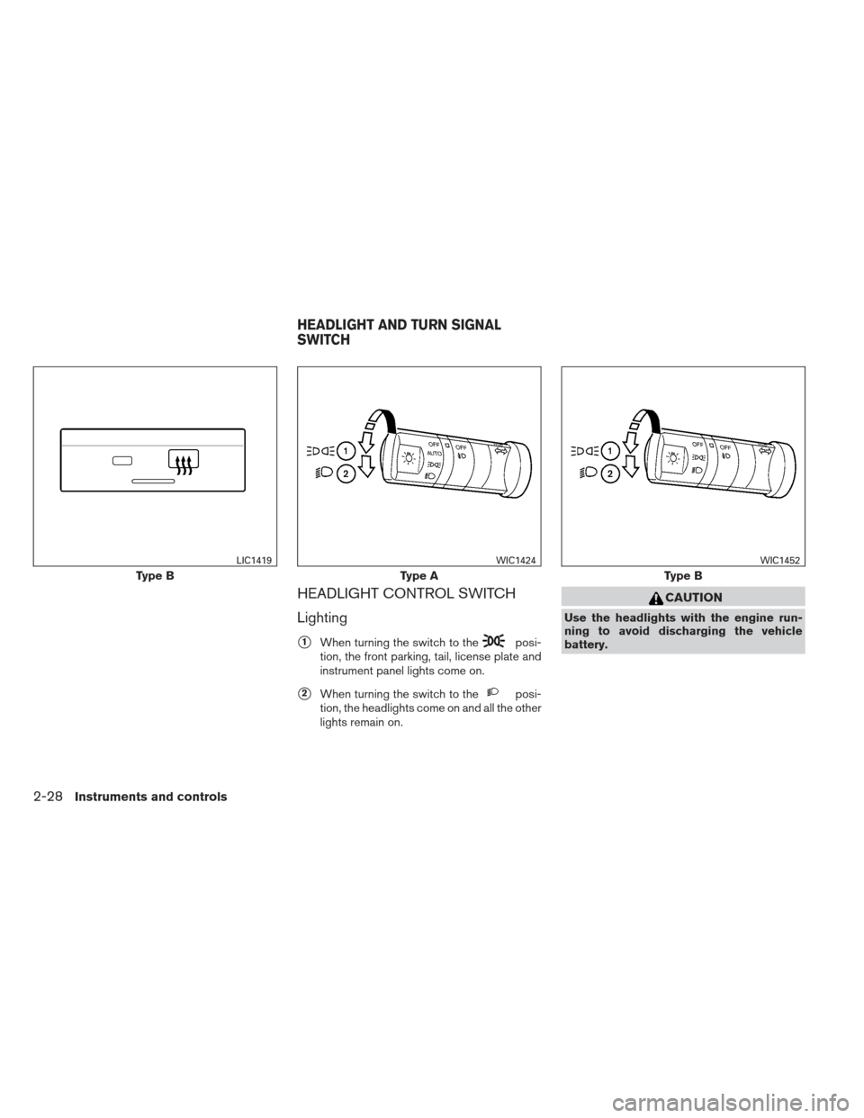 NISSAN FRONTIER 2013 D40 / 2.G Owners Manual HEADLIGHT CONTROL SWITCH
Lighting
1When turning the switch to theposi-
tion, the front parking, tail, license plate and
instrument panel lights come on.
2When turning the switch to theposi-
tion, th