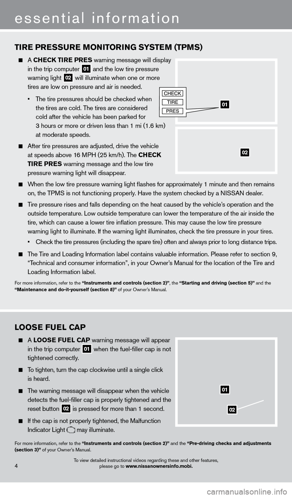 NISSAN FRONTIER 2013 D40 / 2.G Quick Reference Guide To view detailed instructional videos regarding these and other features, please go to www.nissanownersinfo.mobi.
essential information
TiRE PRESSURE Mo Ni To RiN G SYSTEM (TPMS)
    A CHECK T iR E PR