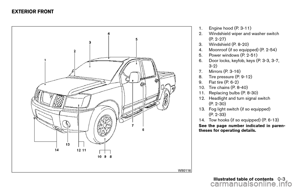 NISSAN TITAN 2013 1.G Owners Manual 1. Engine hood (P. 3-11)
2. Windshield wiper and washer switch(P. 2-27)
3. Windshield (P. 8-20)
4. Moonroof (if so equipped) (P. 2-54)
5. Power windows (P. 2-51)
6. Door locks, keyfob, keys (P. 3-3, 3