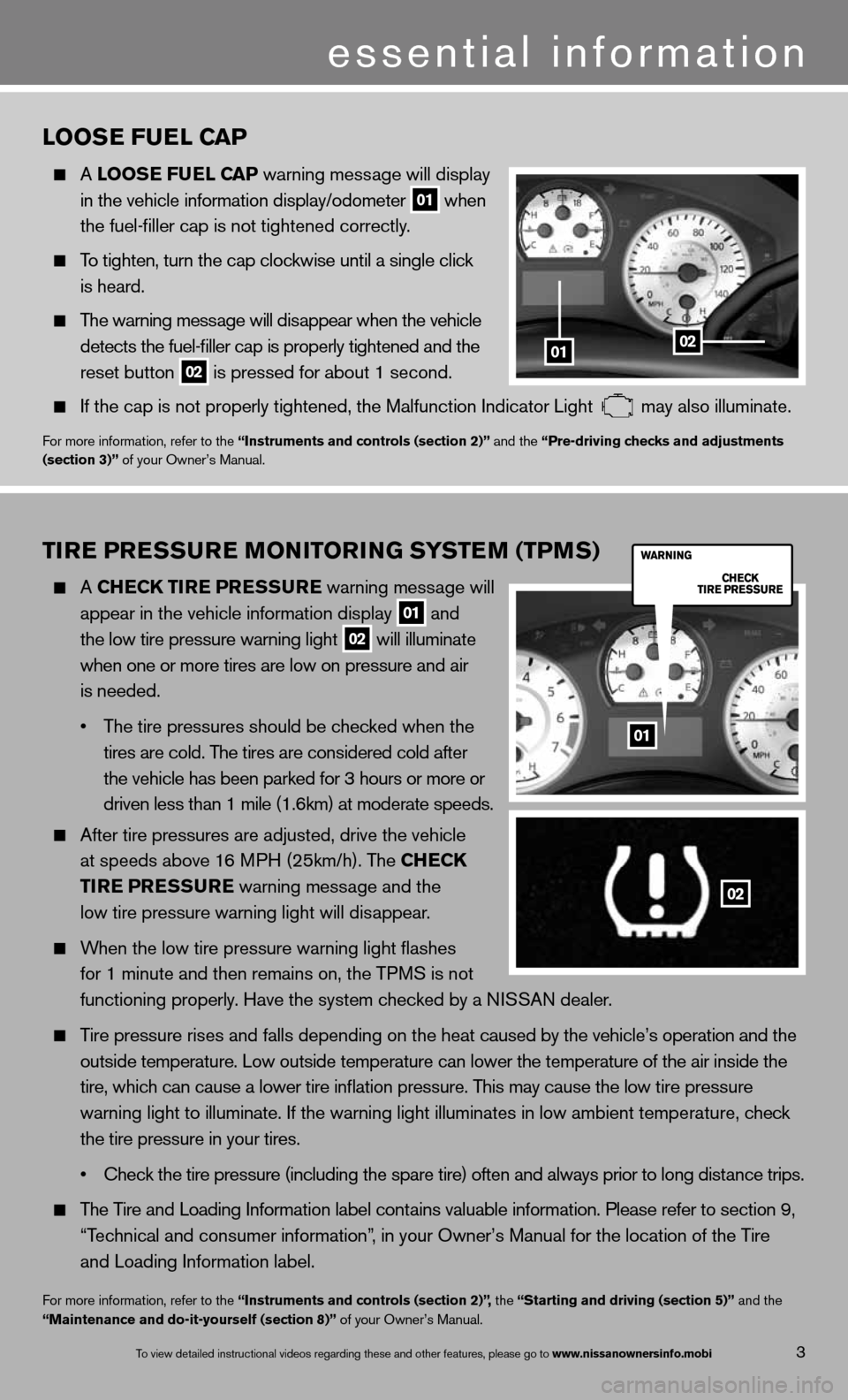 NISSAN TITAN 2013 1.G Quick Reference Guide TIRE PRESSURE MONITORING SYSTEM (TPMS)
  A ChEC k TIRE  PRESSURE  warning message will
 
   appear in the vehicle information display 
01 and 
    the low tire pressure warning light 02 will illuminat
