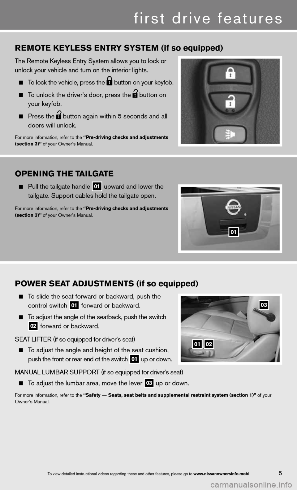 NISSAN TITAN 2013 1.G Quick Reference Guide OPENING ThE TAILGATE
  Pull the tailgate handle
 01 upward and lower the 
    tailgate. Support cables hold the tailgate open.
for more information, refer to the “Pre-driving checks and adjustments 
