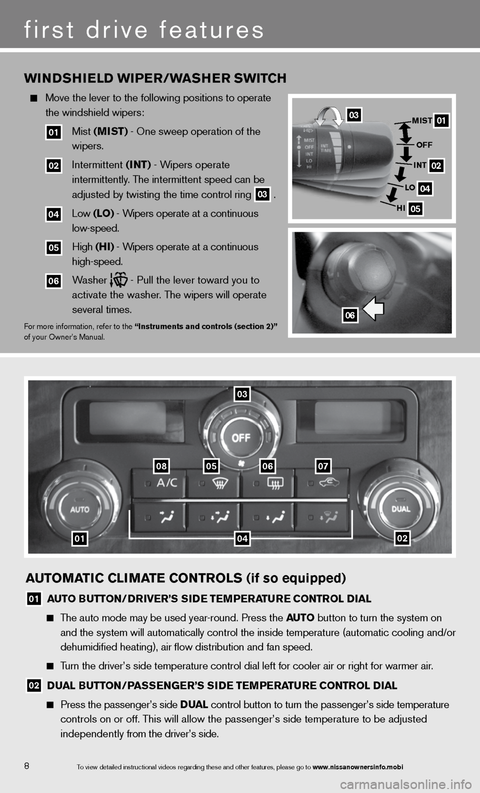 NISSAN TITAN 2013 1.G Quick Reference Guide AUTOMATIC CLIMATE CONTROLS (if so equipped)
01 AUTO BUTTON/DRIvER’S SIDE TEMPERATURE CONTROL DIAL
  
  The auto mode may be used year-round. Press the AUTO  button to turn the system on  
      and 