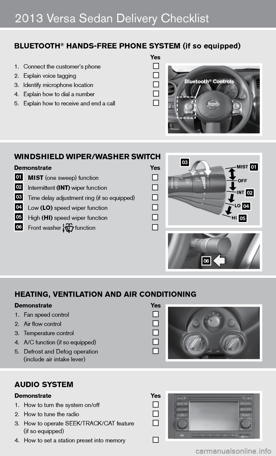 NISSAN VERSA SEDAN 2013 2.G Quick Reference Guide wiNDSHielD wiPer/waSHer  Swi TCH  
Demonstrate     Yes 
01  MiST
 (one sweep) function   
02   intermittent 
(iNT) wiper function   
03   Time delay adjustment ring (if so equipped)  
04  Low 
(lo) sp