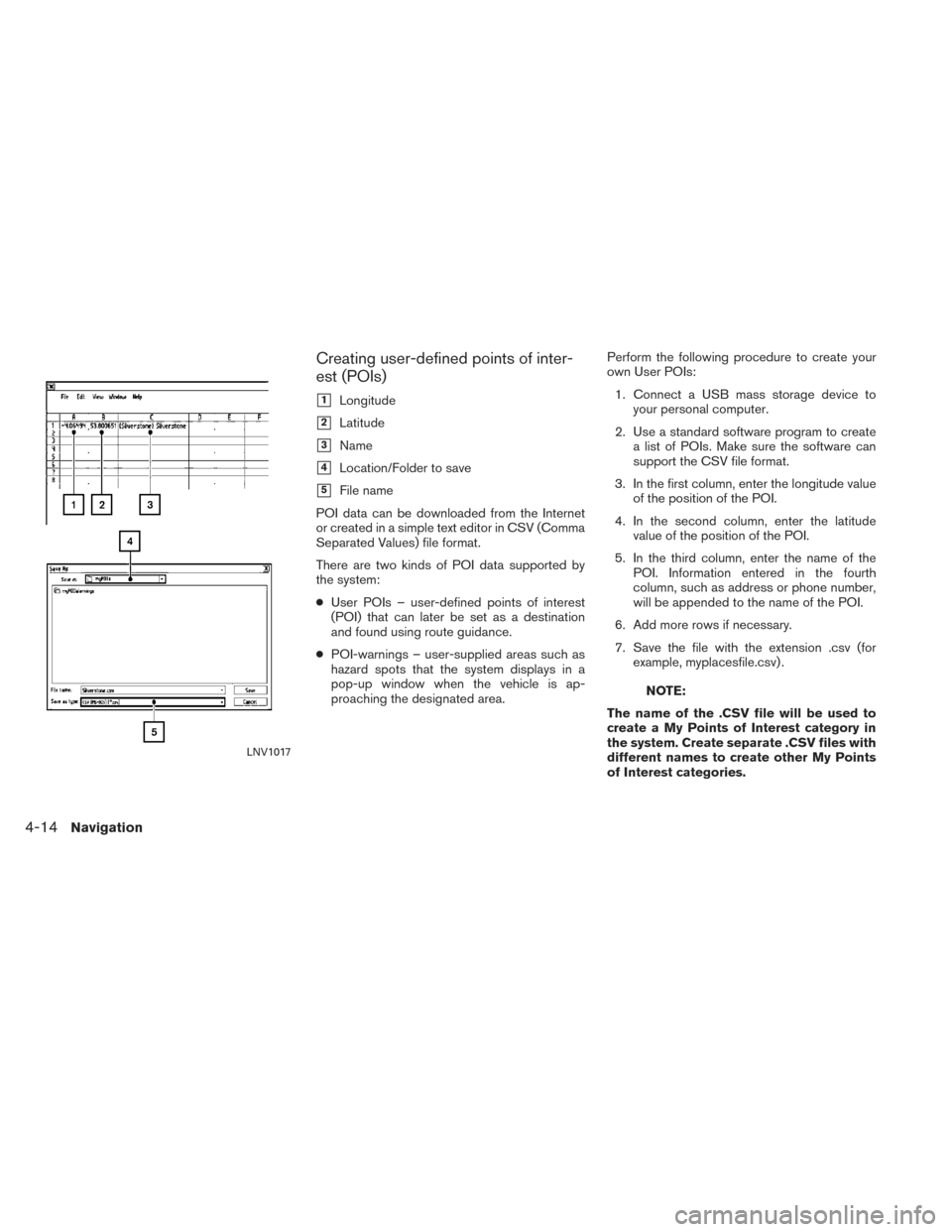 NISSAN XTERRA 2014 N50 / 2.G LC2 Kai Navigation Manual Creating user-defined points of inter-
est (POIs)
1Longitude
2Latitude
3Name
4Location/Folder to save
5File name
POI data can be downloaded from the Internet
or created in a simple text editor in