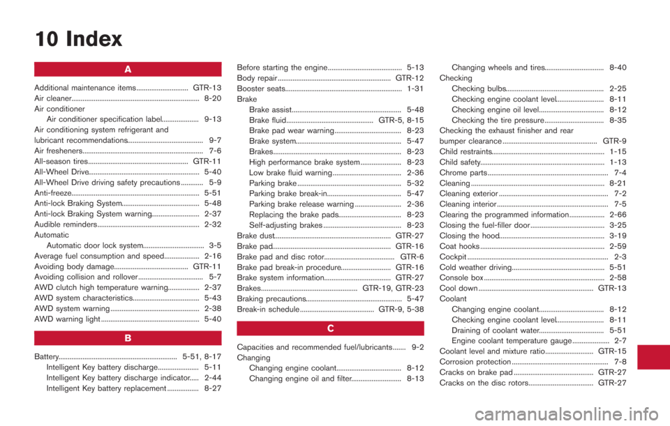 NISSAN GT-R 2014 R35 Owners Manual 10 Index
A
Additional maintenance items............................ GTR-13
Air cleaner..................................................................... 8-20
Air conditionerAir conditioner specific