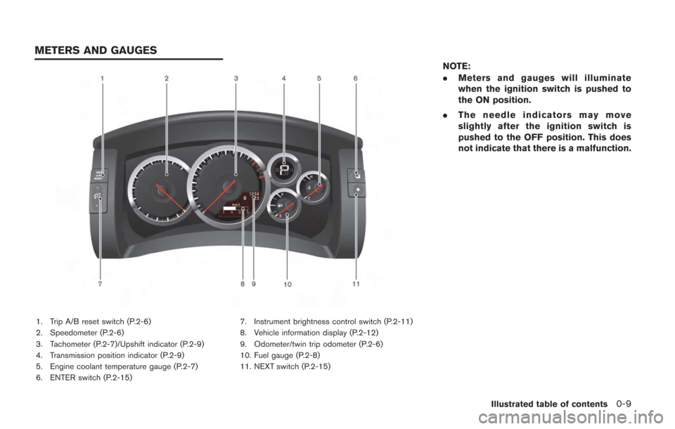 NISSAN GT-R 2014 R35 Service Manual 1. Trip A/B reset switch (P.2-6)
2. Speedometer (P.2-6)
3. Tachometer (P.2-7)/Upshift indicator (P.2-9)
4. Transmission position indicator (P.2-9)
5. Engine coolant temperature gauge (P.2-7)
6. ENTER 