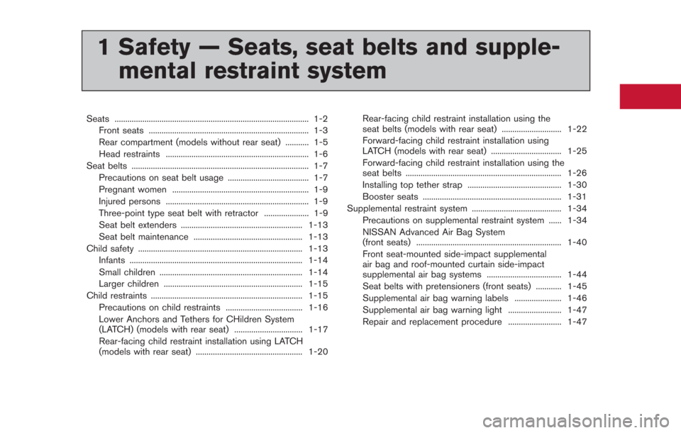 NISSAN GT-R 2014 R35 Service Manual 1 Safety — Seats, seat belts and supple-mental restraint system
Seats ........................................................................\
................... 1-2
Front seats ..................
