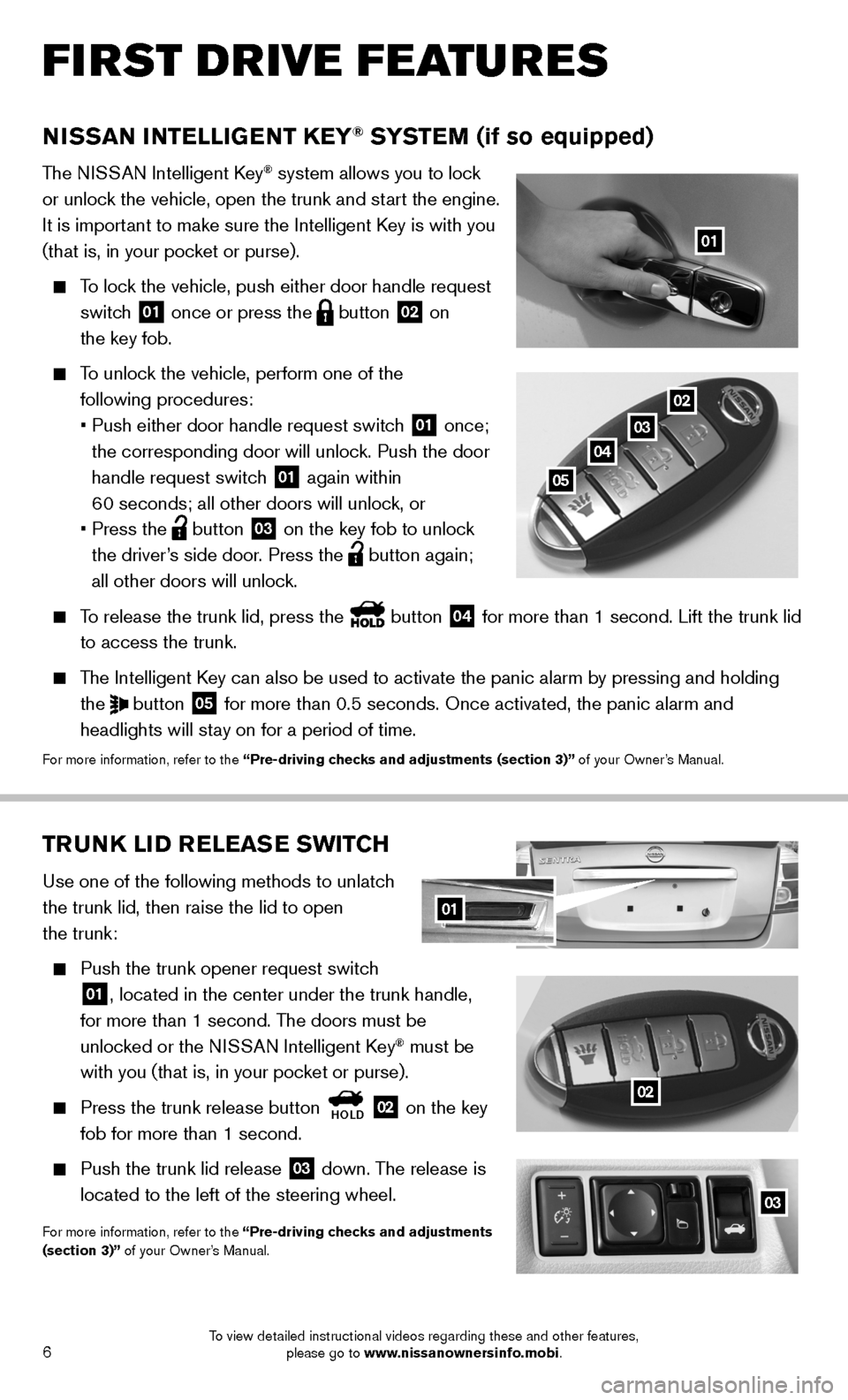 NISSAN SENTRA 2014 B17 / 7.G Quick Reference Guide 6
02TRUNK LID RELEASE SWITCH
Use one of the following methods to unlatch  
the trunk lid, then raise the lid to open  
the trunk:
 
   Push the trunk opener request switch 
01, located in the center u