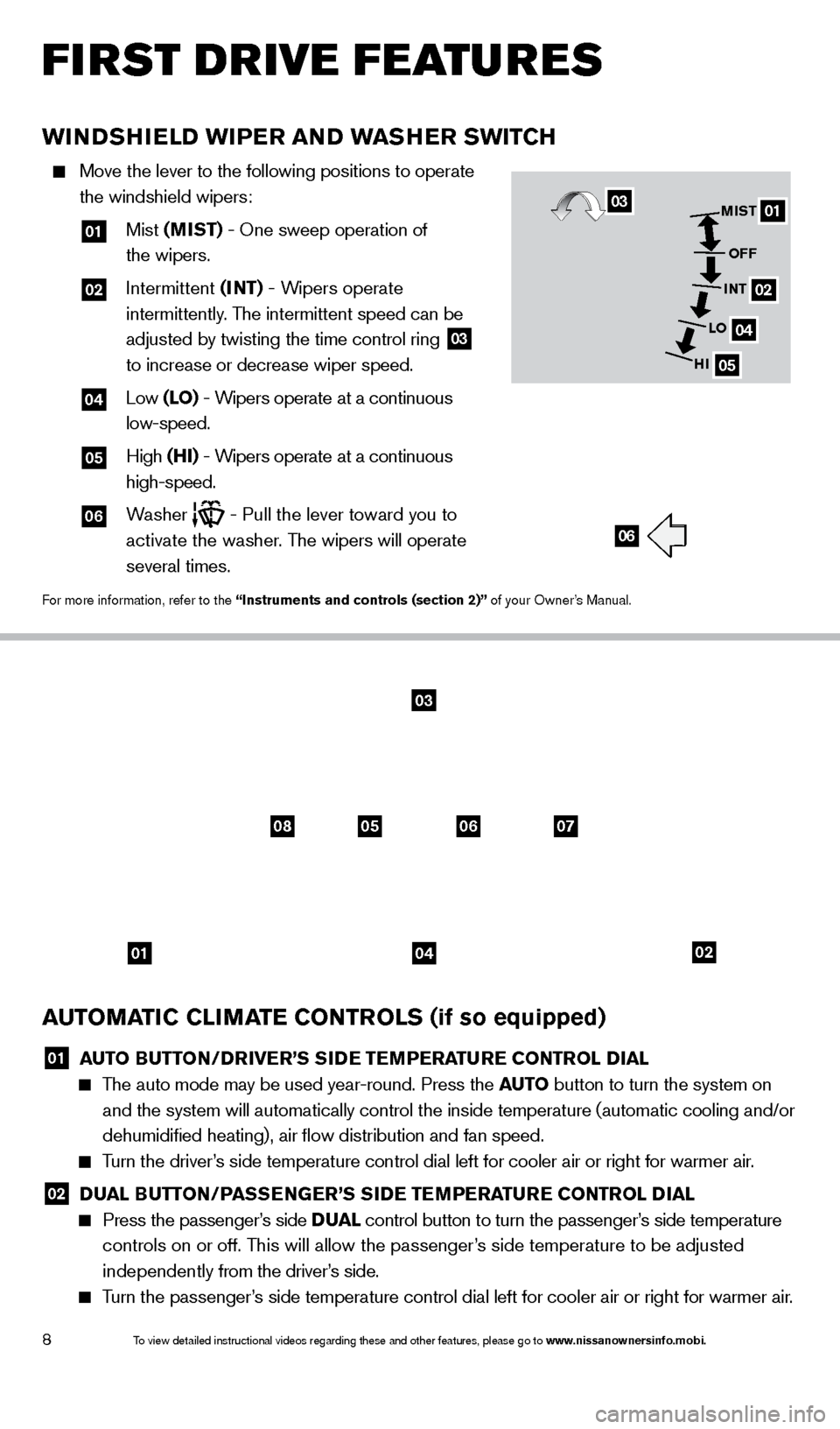 NISSAN TITAN 2014 1.G Quick Reference Guide 8
AUTOMATIC CLIMATE CONTROLS (if so equipped)
01 AUTO BUTTON/DRIVER’S SIDE TEMPERATURE CONTROL DIAL     The auto mode may be used year-round. Press the AUTO
 button to turn the system on  
and the s