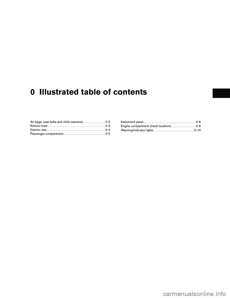 NISSAN PATHFINDER 2011  Owner´s Manual 0 Illustrated table of contents
Air bags, seat belts and child restraints..............0-2
Exterior front ......................................0-3
Exterior rear ......................................