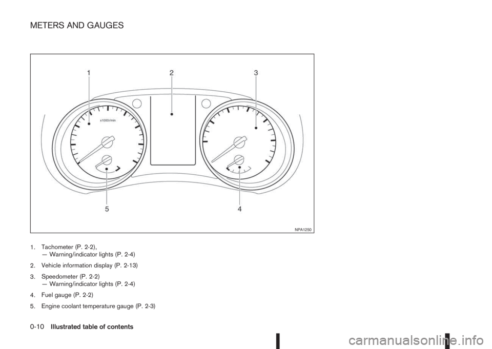 NISSAN QASHQAI 2014  Owner´s Manual 1.Tachometer (P. 2-2),
— Warning/indicator lights (P. 2-4)
2.Vehicle information display (P. 2-13)
3.Speedometer (P. 2-2)
— Warning/indicator lights (P. 2-4)
4.Fuel gauge (P. 2-2)
5.Engine coolant