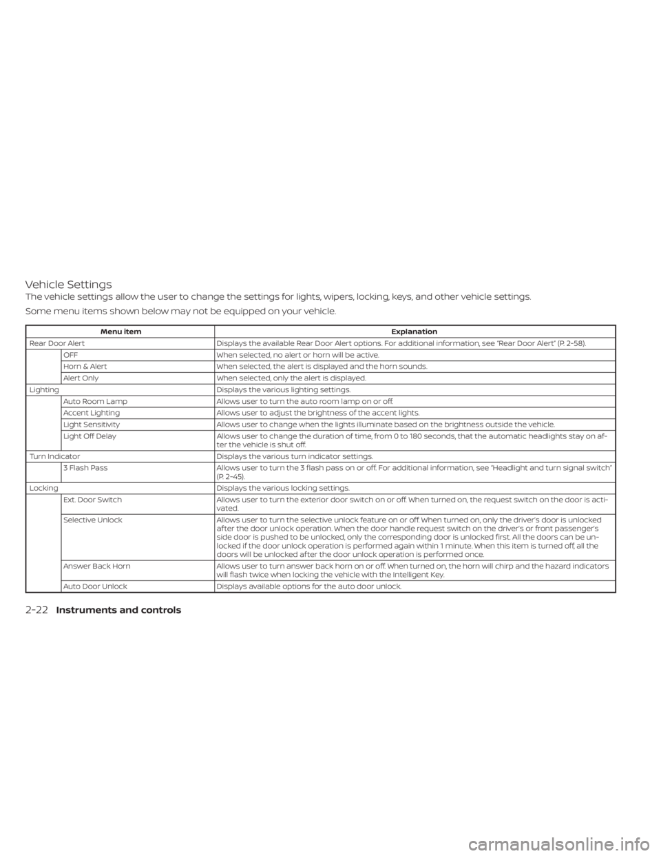 NISSAN MAXIMA 2021  Owner´s Manual Vehicle Settings
The vehicle settings allow the user to change the settings for lights, wipers, locking, keys, and other vehicle settings.
Some menu items shown below may not be equipped on your vehic