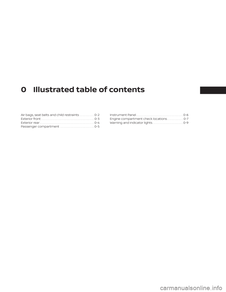 NISSAN MAXIMA 2021  Owner´s Manual 0 Illustrated table of contents
Air bags, seat belts and child restraints..........0-2
Exterior front ....................................0-3
Exterior rear .....................................0-4
Pas