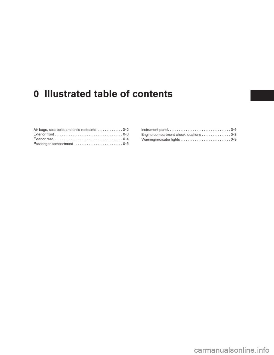 NISSAN XTERRA 2009  Owner´s Manual 0 Illustrated table of contents
Air bags, seat belts and child restraints..............0-2
Exterior front......................................0-3
Exterior rear.......................................0