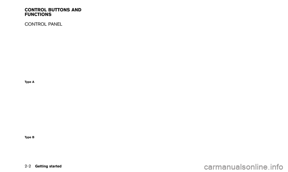 NISSAN ALTIMA 2015 L33 / 5.G 08IT Navigation Manual 2-2Getting started
CONTROL PANEL
Type A
Type B
CONTROL BUTTONS AND
FUNCTIONS 