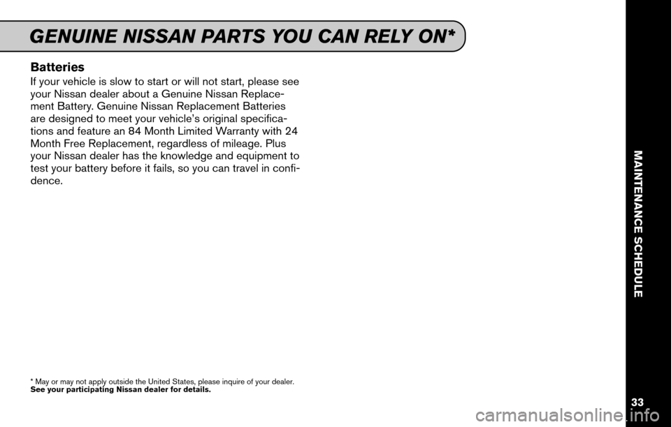 NISSAN ARMADA 2015 1.G Service And Maintenance Guide Batteries
If your vehicle is slow to start or will not start, please see
your Nissan dealer about a Genuine Nissan Replace-
ment Battery. Genuine Nissan Replacement Batteries
are designed to meet your