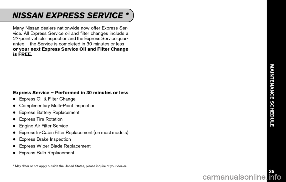 NISSAN ARMADA 2015 1.G Service And Maintenance Guide Many Nissan dealers nationwide now offer Express Ser-
vice. All Express Service oil and filter changes include a
27-point vehicle inspection and the Express Service guar-
antee – the Service is comp