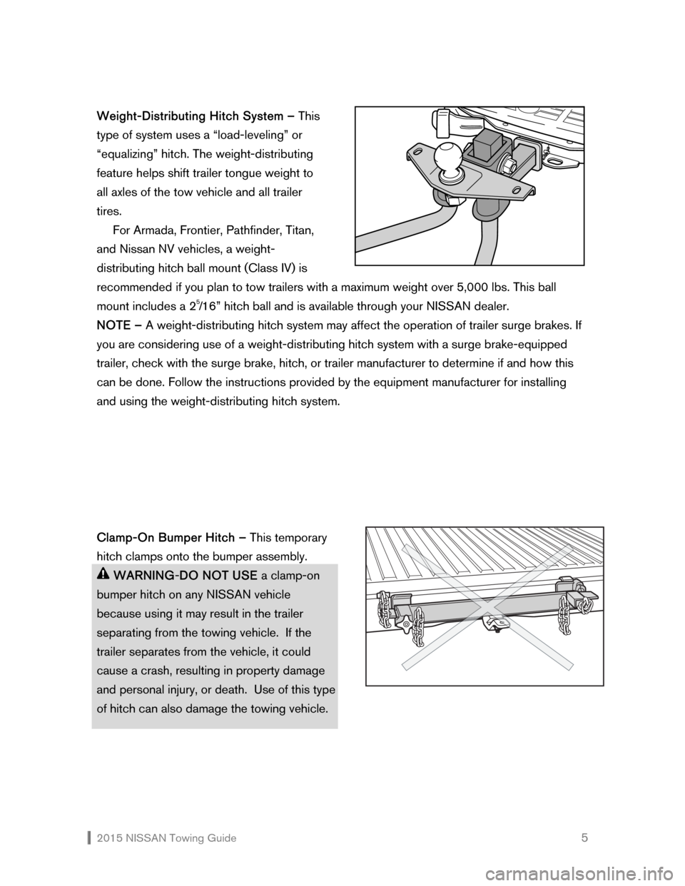 NISSAN TITAN 2015 1.G Towing Guide  2015 NISSAN Towing Guide    5
Weight-Distributing Hitch System – This  
type of system uses a “load-leveling” or 
“equalizing” hitch. The weight-distributing 
feature helps shift trailer to