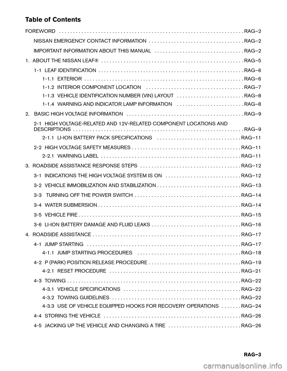 NISSAN LEAF 2015 1.G Roadside Assistance Guide Table of Contents
FOREWORD
. . . . . . . . . . . . . . . . . . . . . . . . . . . . . . . . . . . . . . . . . . . . . . . . . . . . . . . . . . . . . . . . . . RAG–2
NISSAN EMERGENCY CONTACT INFORMAT