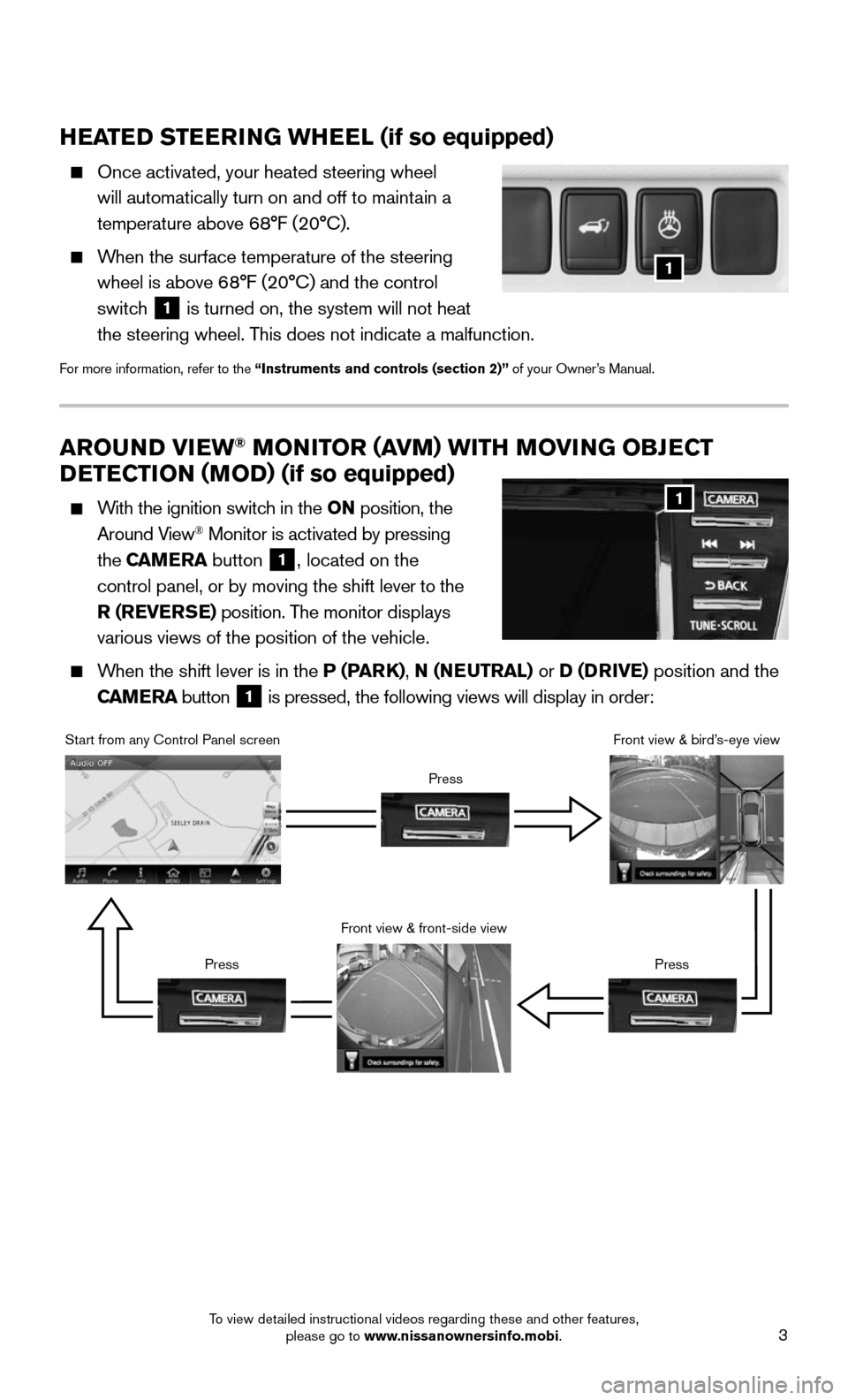 NISSAN MURANO 2015 3.G Quick Reference Guide 3
AROUND VIEW® MONITOR (AVM) WITH MOVING OBJECT 
DETECTION (MOD) (if so equipped)
    With the ignition switch in the ON position, the 
Around View® Monitor is activated by pressing 
the CAMERA butt