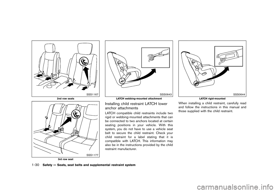 NISSAN QUEST 2015 RE52 / 4.G Service Manual ������
�> �(�G�L�W� ����� �� �� �0�R�G�H�O� �(���� �@
1-30Safety Ð Seats, seat belts and supplemental restraint system
SSS1167
2nd row seats
SSS1177
3rd row seat
SSS0643
LATCH we
