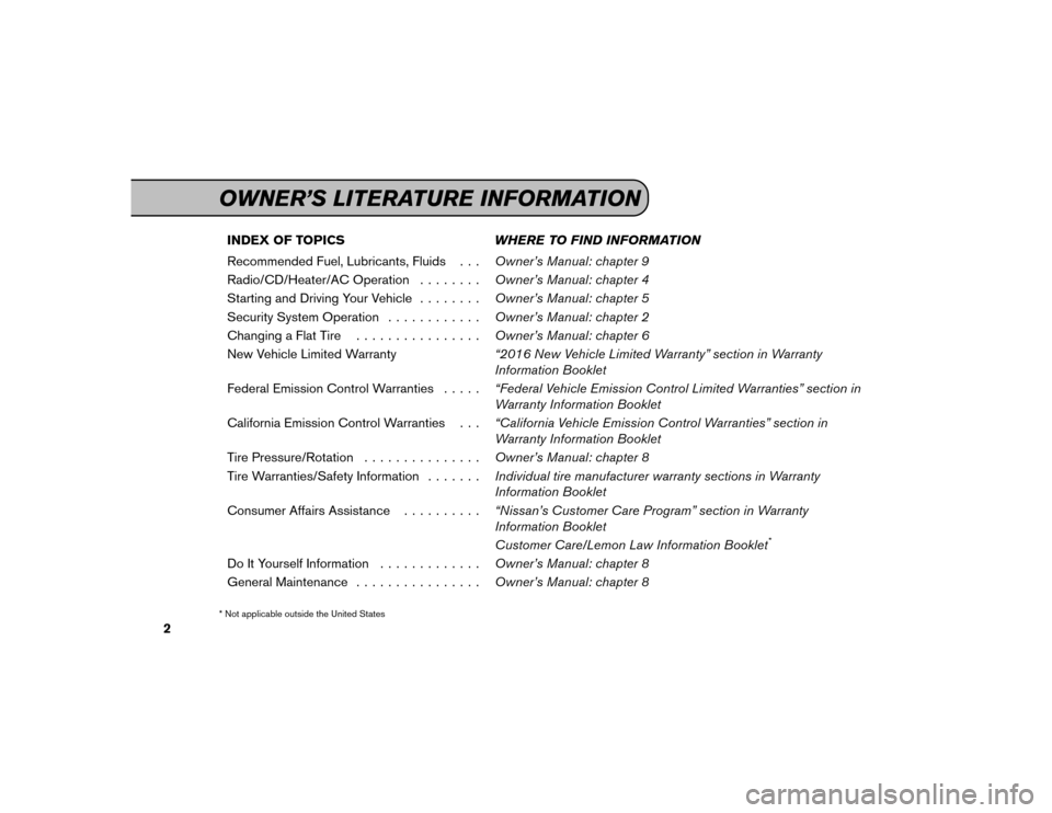 NISSAN ALTIMA 2016 L33 / 5.G Service And Maintenance Guide INDEX OF TOPICSWHERE TO FIND INFORMATION
Recommended Fuel, Lubricants, Fluids . . . Owner’s Manual: chapter 9
Radio/CD/Heater/AC Operation ........Owner’s Manual: chapter 4
Starting and Driving Yo