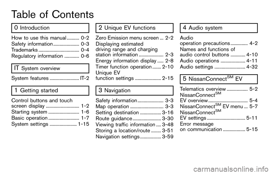 NISSAN LEAF 2017 1.G Navigation Manual Table of Contents
0Introduction
How to use this manual .......... 0-2
Safety information ..................... 0-3
Trademarks ................................. 0-4
Regulatory information ............ 