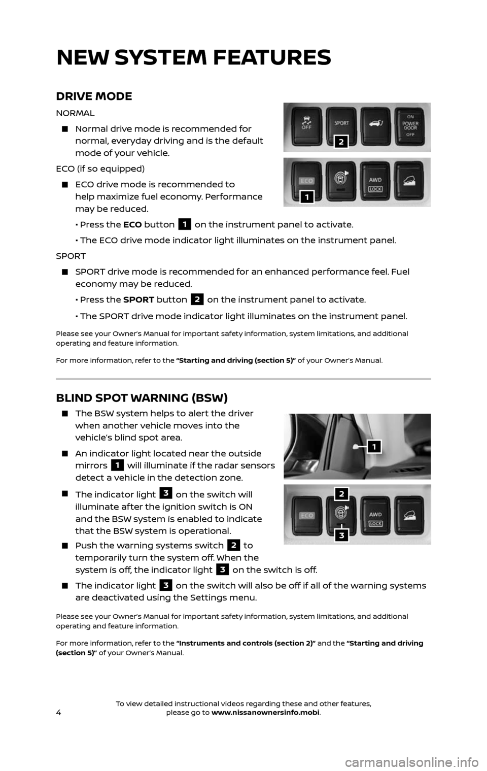 NISSAN ROGUE HYBRID 2017 2.G Quick Reference Guide 4
BLIND SPOT WARNING (BSW)
    The BSW system helps to alert the driver when another vehicle moves into the 
vehicle’s blind spot area.
    An indicator light located near the outside mirrors 1 will