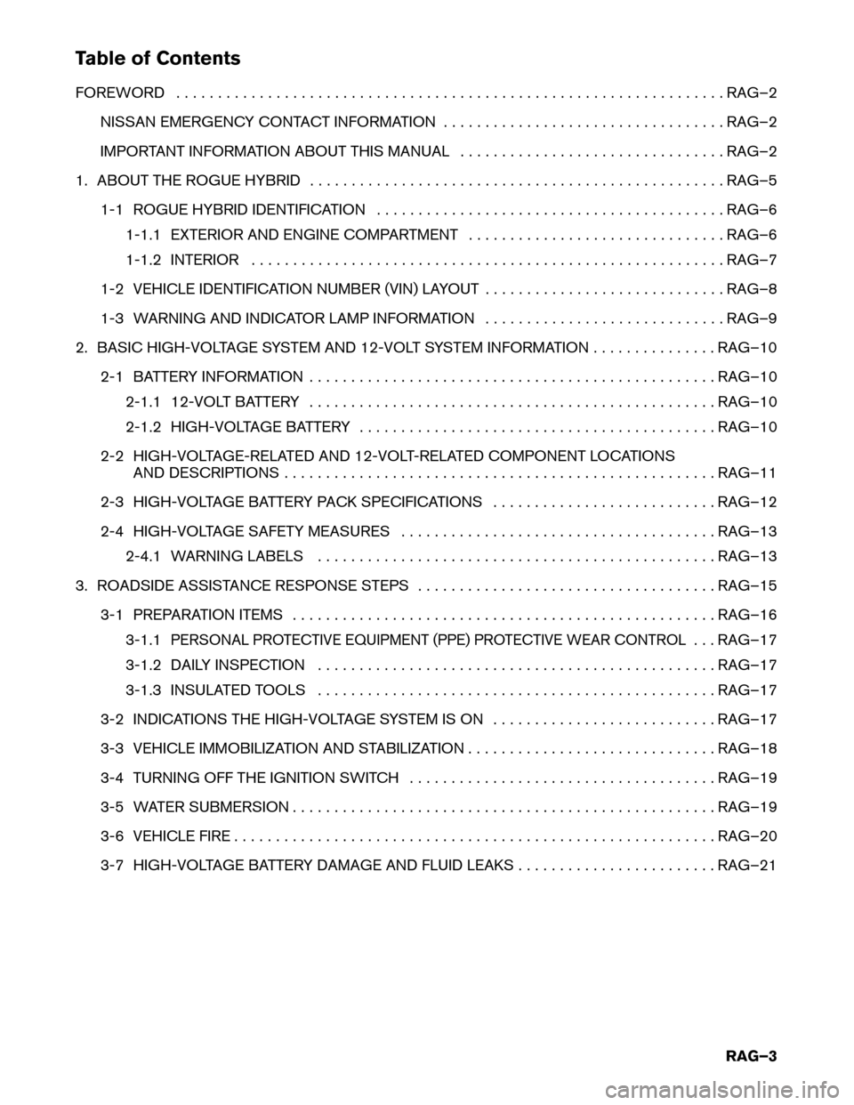 NISSAN ROGUE HYBRID 2017 2.G Roadside Assistance Guide Table of Contents
FOREWORD
. . . . . . . . . . . . . . . . . . . . . . . . . . . . . . . . . . . . . . . . . . . . . . . . . . . . . . . . . . . . . . . . . . RAG–2
NISSAN EMERGENCY CONTACT INFORMAT