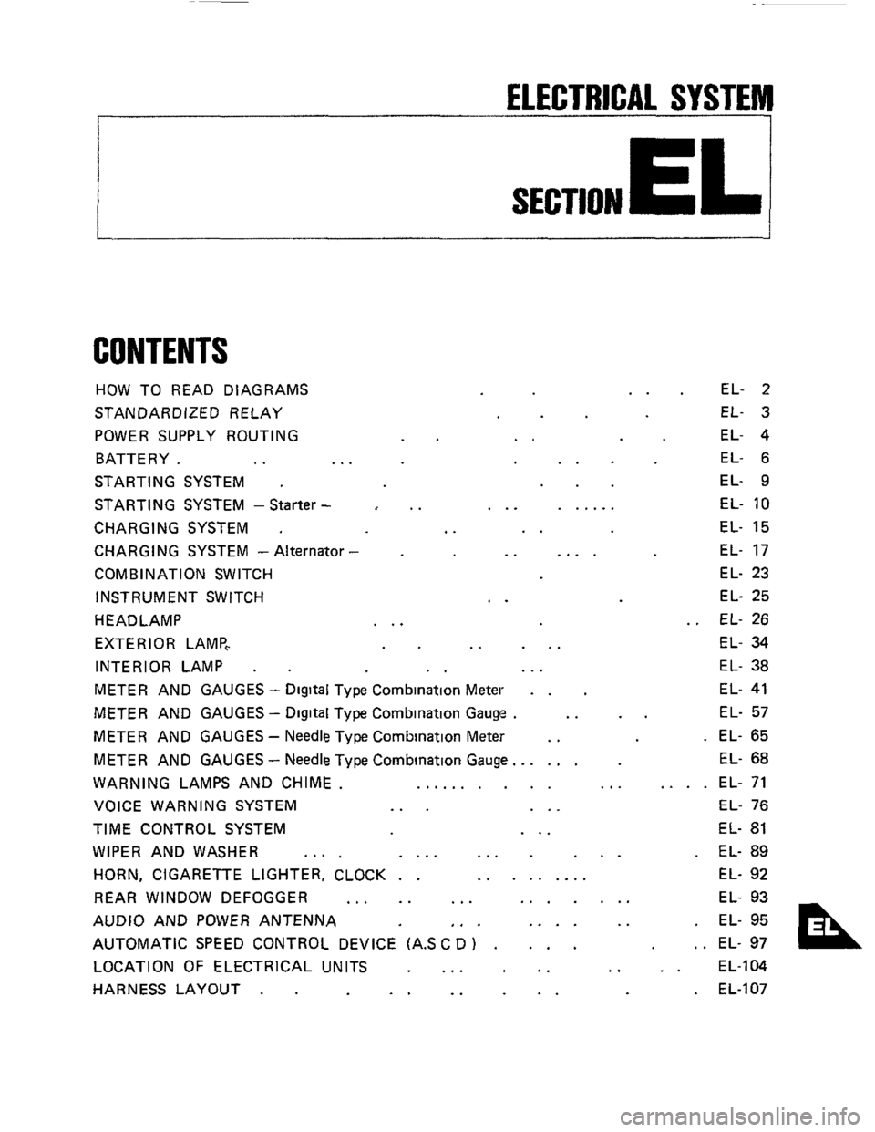 NISSAN 300ZX 1984 Z31 Electrical System Workshop Manual ELECTRICAL SYSTEM 
I 
SECTION EL 
CONTENTS 
HOW TO  READ  DIAGRAMS 
STANDARDIZED  RELAY 
POWER  SUPPLY  ROUTING 
BATTERY. 
..  .. 
STARTING  SYSTEM . 
STARTING SYSTEM -Starter - 
CHARGING  SYSTEM . 
C