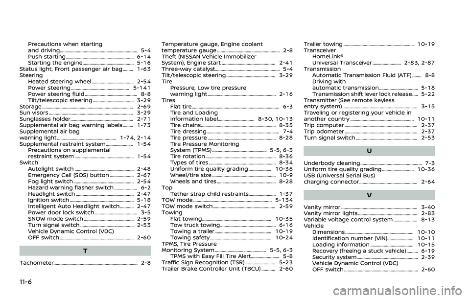 NISSAN ARMADA 2023  Owners Manual 11-6
Precautions when starting
and driving.................................................................... 5-4
Push starting............................................................ 6-14
Starti