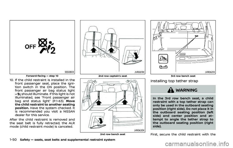 NISSAN ARMADA 2023  Owners Manual 1-50Safety — seats, seat belts and supplemental restraint system
SSS0803
Forward-facing — step 10
10. If the child restraint is installed in thefront passenger seat, place the igni-
tion switch in