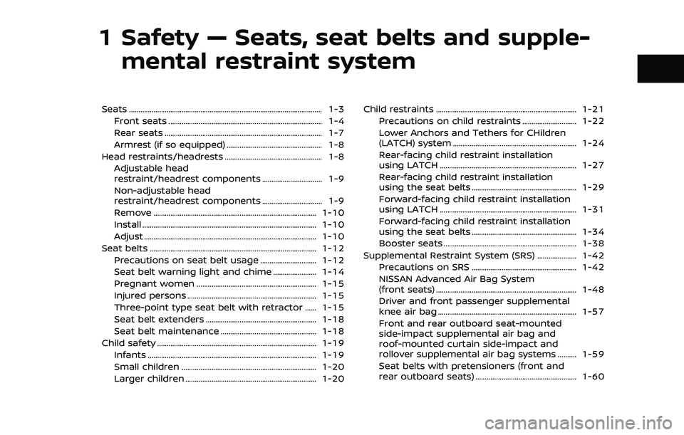 NISSAN QASHQAI 2023  Owners Manual 1 Safety — Seats, seat belts and supple-mental restraint system
Seats ........................................................................\
............................... 1-3
Front seats ......