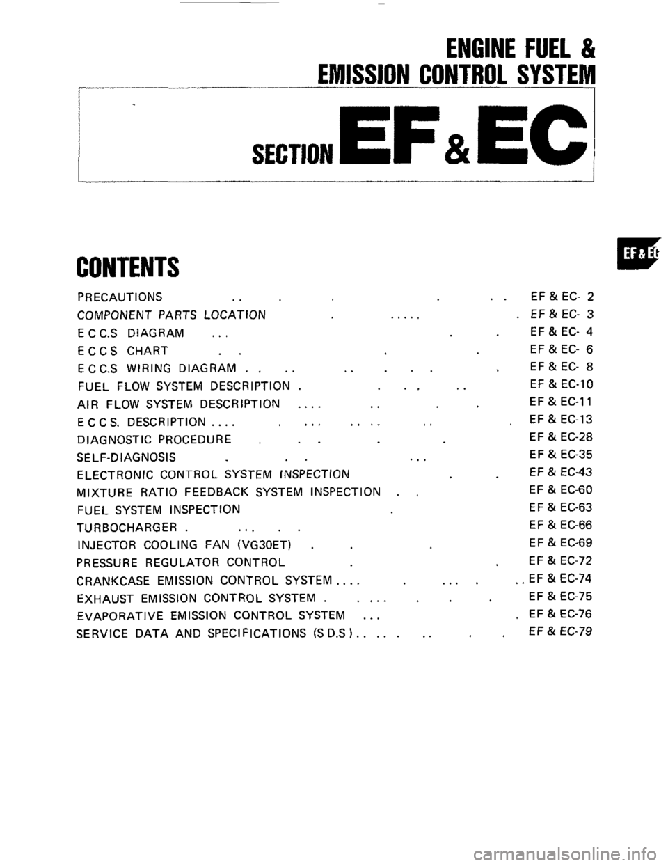 NISSAN 300ZX 1984 Z31 Engine Fuel And Emission Control System Workshop Manual ENGINE FUEL & 
- EMISSION - CONTROL SYSTEM 
SECTION EFaEC 
CONTENTS 
PRECAUTIONS .. 
COMPONENT PARTS LOCATION 
ECCS  DIAGRAM 
. . . 
ECCS CHART .. 
ECC.S WIRING  DIAGRAM .  . .. 
FUEL FLOW  SYSTEM  DE