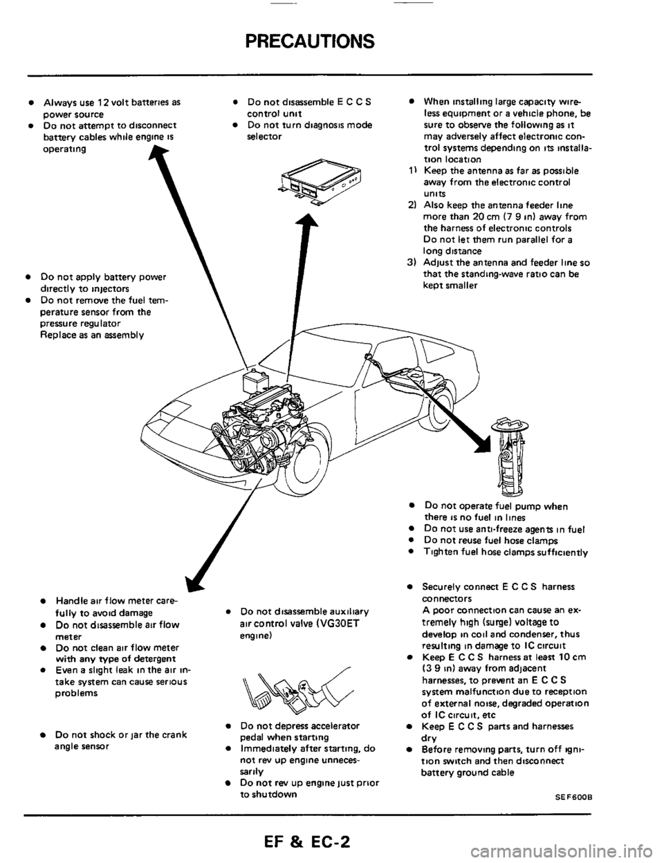 NISSAN 300ZX 1984 Z31 Engine Fuel And Emission Control System Workshop Manual PRECAUTIONS 
Always use 12 volt batteries  as * Do not disassemble E C C S When  installing  large capacity  wire- 
Do not attempt  to disconnect Do not turn  diagnosis  mode sure to obsetve  the foll