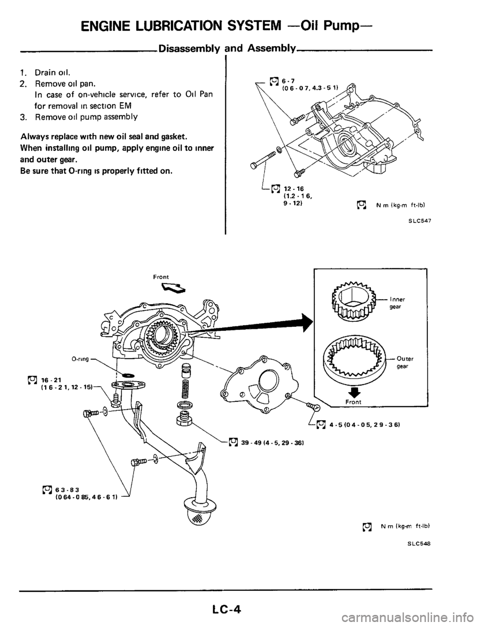 NISSAN 300ZX 1984 Z31 Engine Lubrication And Cooling System Workshop Manual ENGINE LUBRICATION  SYSTEM -Oil Pump- 
Disassembly and  Assembly 
1 
1. Drain oil. 
2. Remove oil pan. 
In case of on-vehicle service, refer to Oil Pan 
for  removal 
in section EM 
3. Remove oil pump