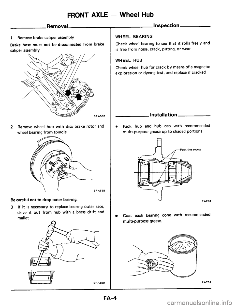 NISSAN 300ZX 1984 Z31 Front Suspension Workshop Manual FRONT AXLE - Wheel Hub 
Removal 
1 Remove brake caliper  assembly 
Brake 
hose must  not be disconnected  from brake 
caliper  assembly 
2 Remove  wheel hub with  disc brake  rotor and 
wheel  bearing