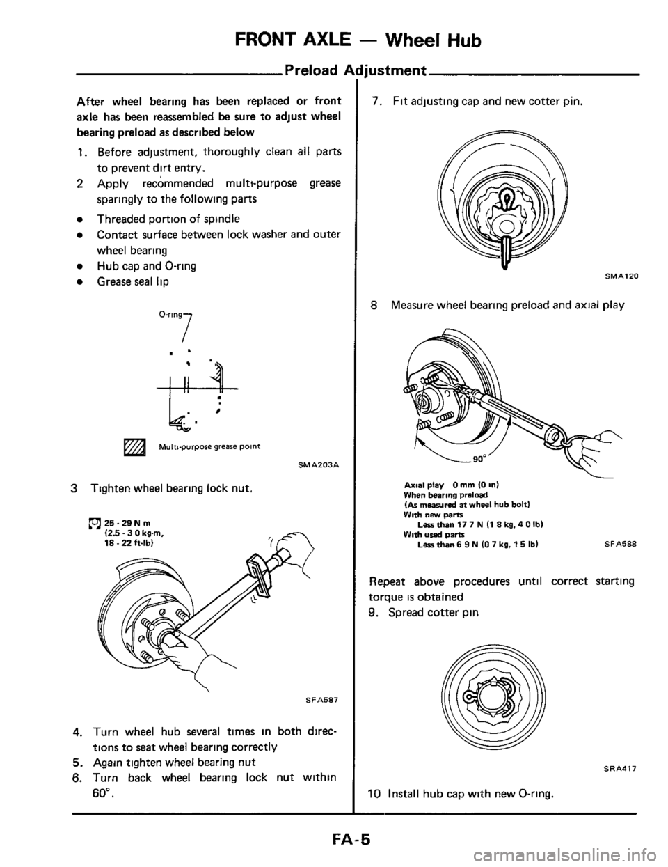 NISSAN 300ZX 1984 Z31 Front Suspension Workshop Manual FRONT AXLE - Wheel Hub 
Preload Adjustment 
I 
After wheel  bearing  has been  replaced  or front 
axle 
has been  reassembled be sure  to adjust  wheel 
bearing preload 
as described  below 
1. Befor